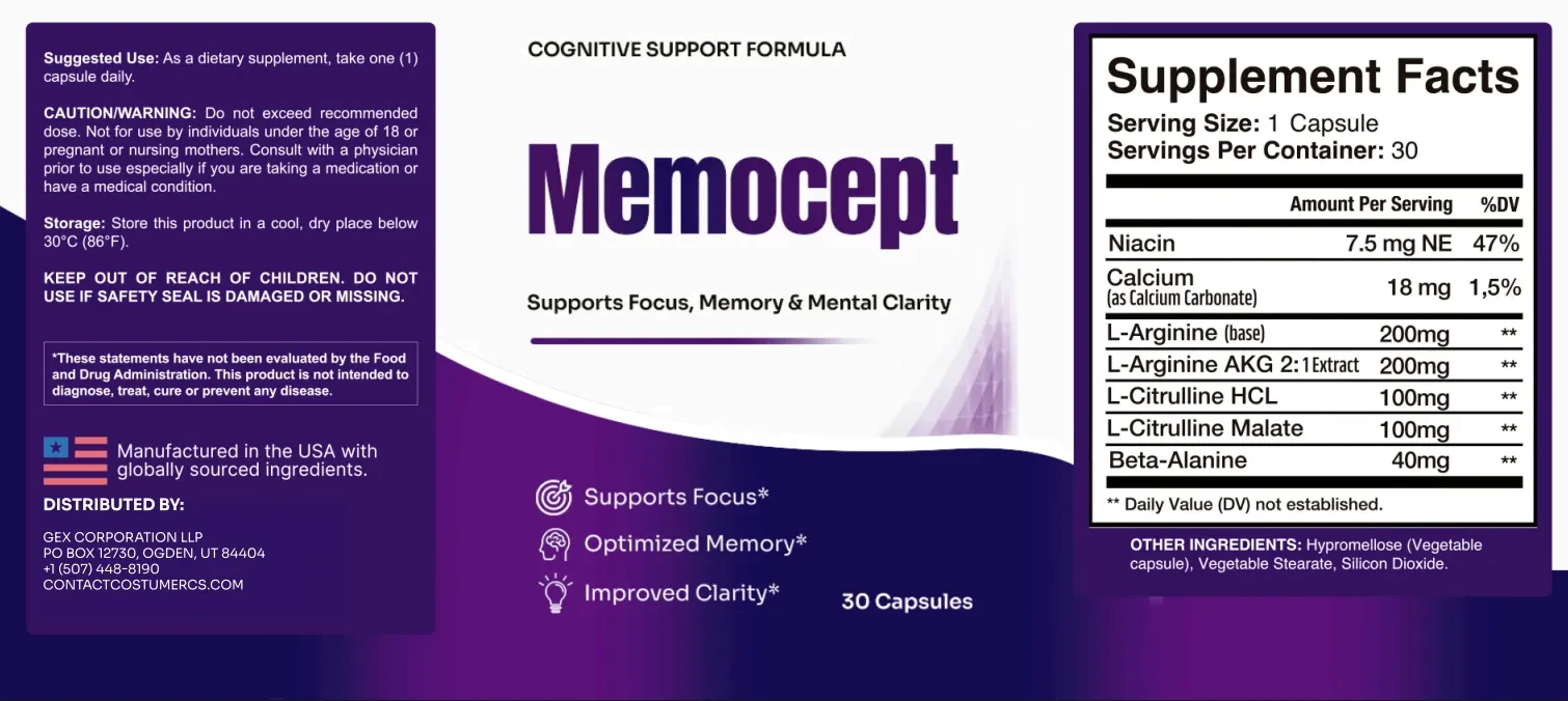 Memocept supplement facts label showing L-arginine, L-citrulline, beta-alanine, niacin and calcium
